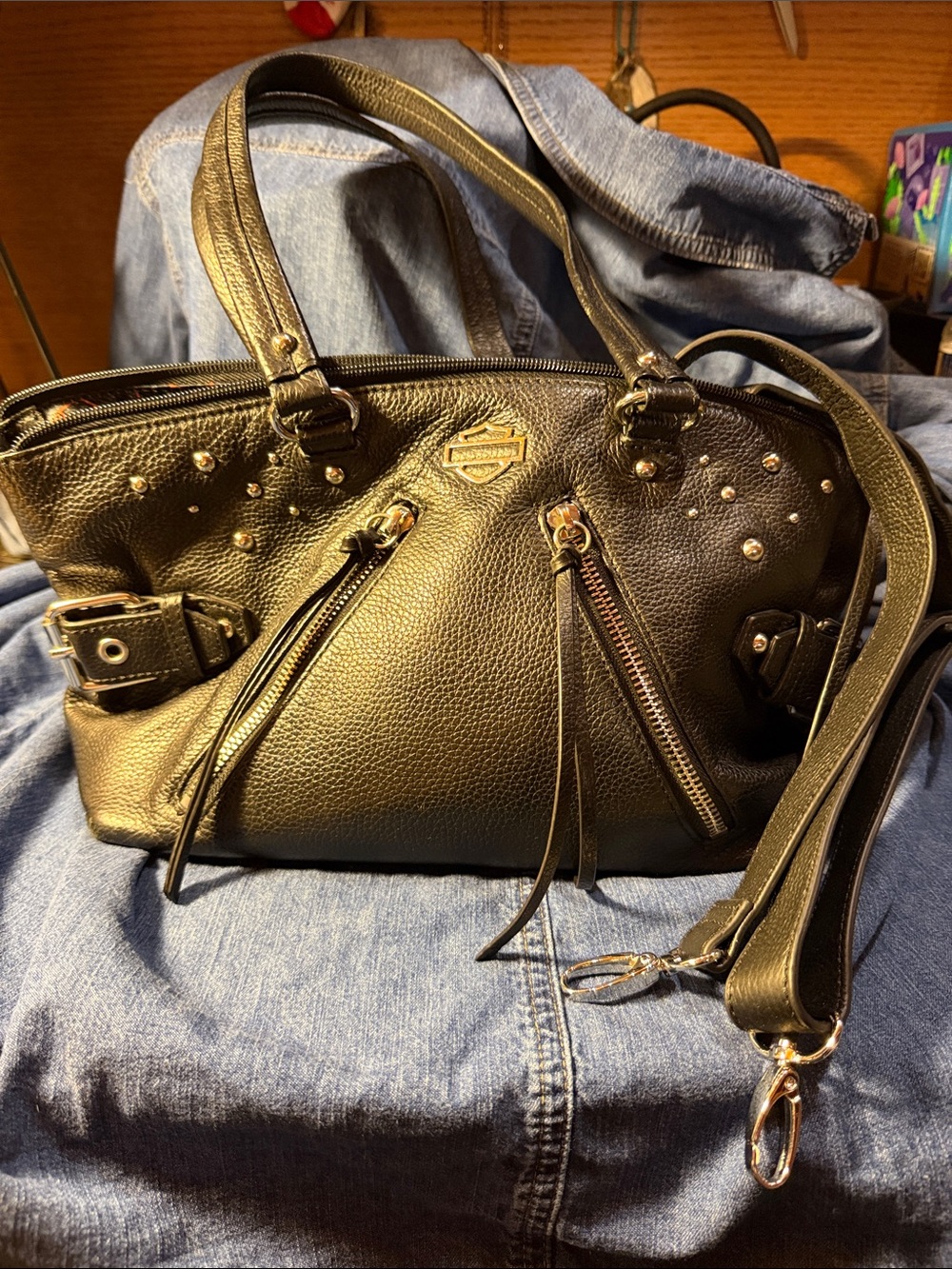 Harley-Davidson Black Leather Studded Shoulder Satchel